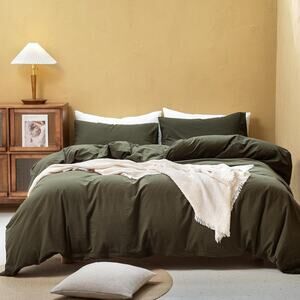 100% Washed Cotton, Oversized King Duvet Cover 3 Pc. Set - Olive Green,Brand New